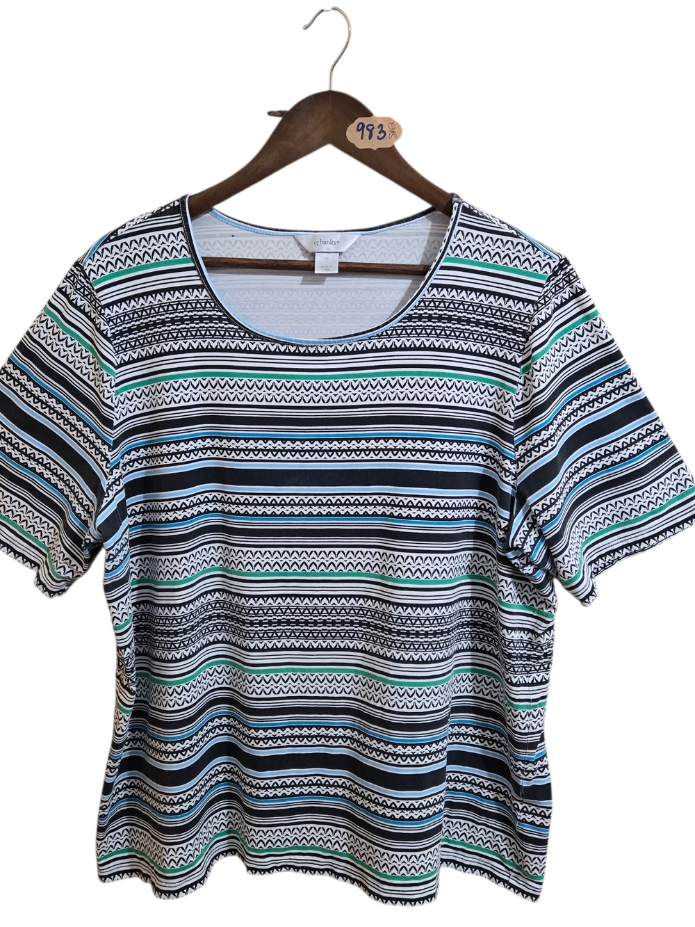 CJ Banks Striped Scoop Neck Tee - Black, White & Green